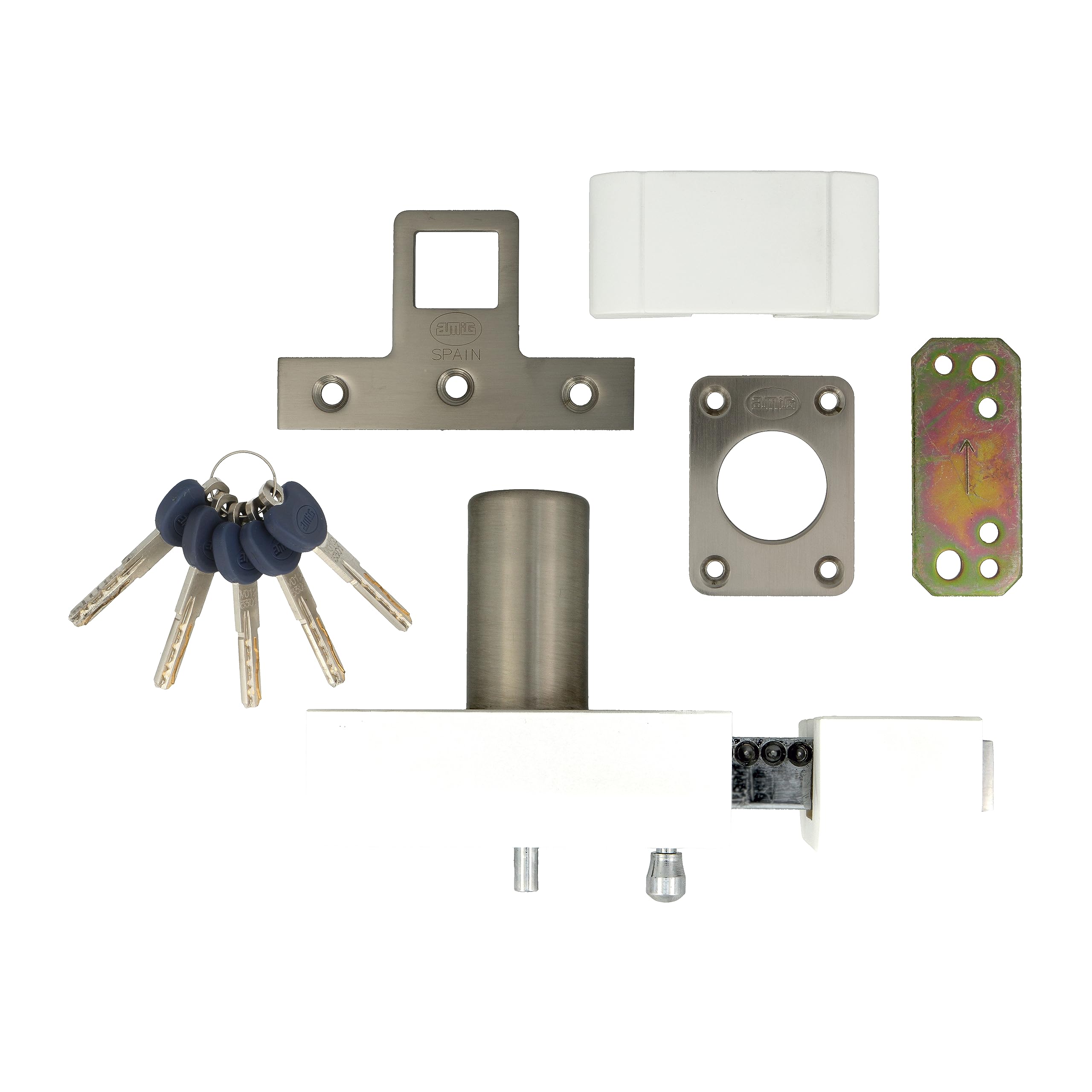 Amig - Verrou de suralimentation haute sécurité pour portes en bois | 98 x 77 mm | Avec cylindre rond de sécurité et verrou | Protection pour votre maison | Acier blanc