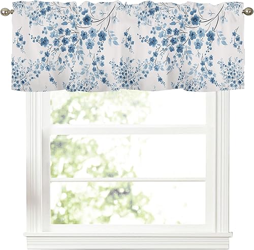 AWJTNCQ Cenefas de cortinas de cocina con estampado floral azul para ventanas, primavera y verano, cenefa de ventana de flores de acuarela, cortina