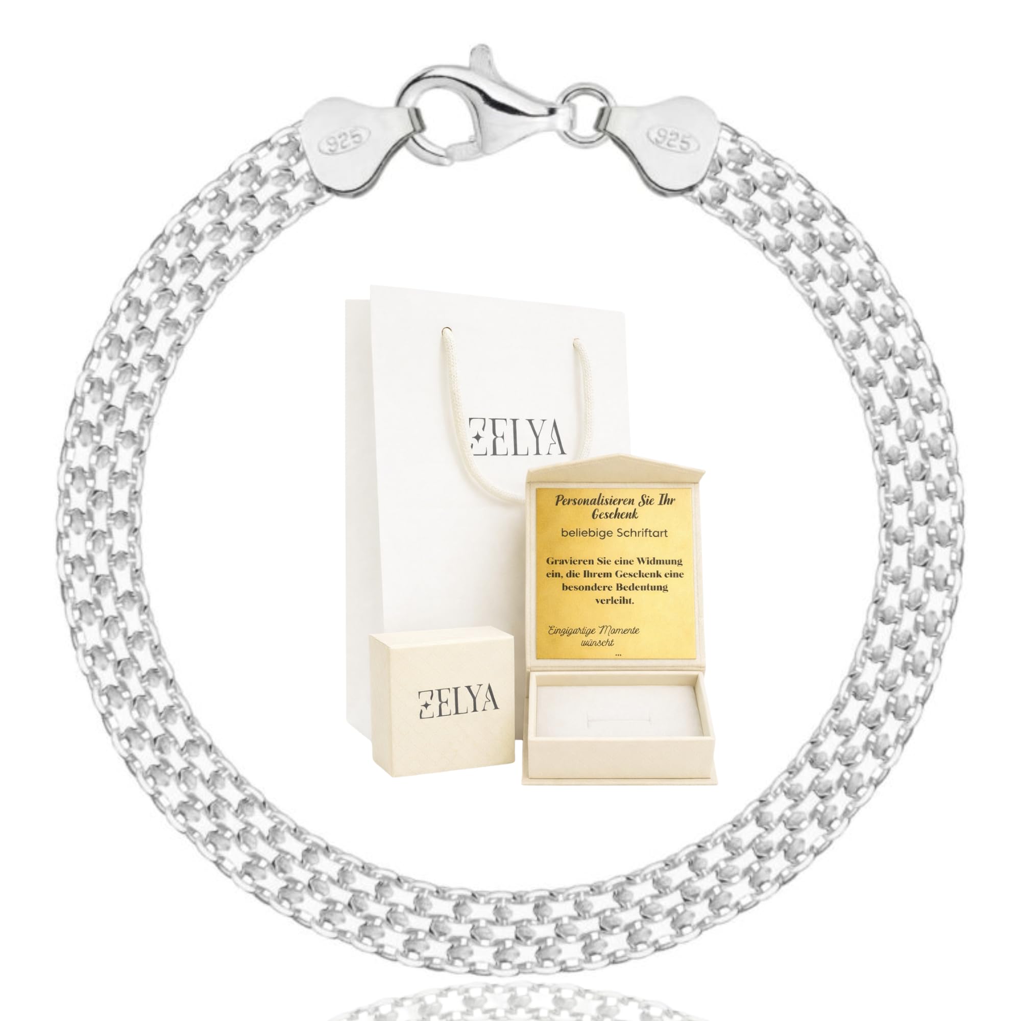 ZELYA Silberarmband 925 massiv Damen- Bismarck Armband Bismark Kette Gliederarmband 3 mm 4,5 mm 6 mm 9 mm Breite, eleganter Silberschmuck 17,5–22 cm, Geschenkbox Gravur