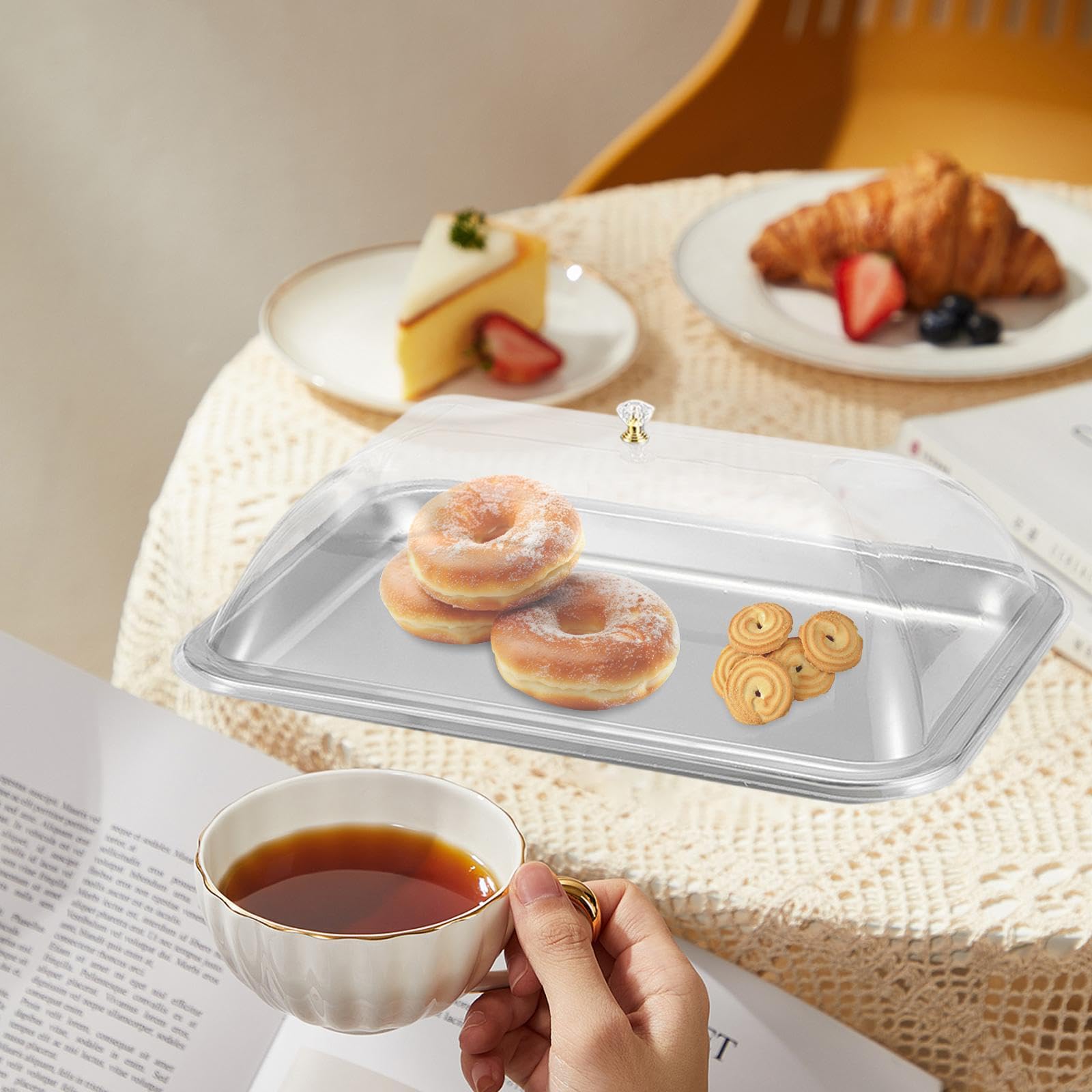 Serviertablett Edelstahl Servierplatte mit Deckel Rechteckige Kuchenplatte Snackplatte mit Staubschutz Vielseitig Verwendbar für Hochzeit Empfang, 40x30x2cm