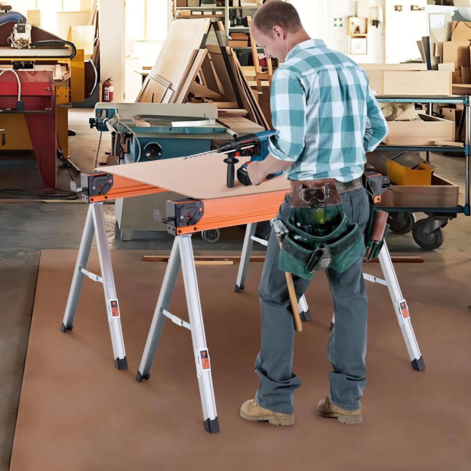 GOLUS Lot de 2 Chevalets de Sciage Pliables, 2 Tréteaux de Scie avec Patins Antidérapants, Structure Triangulaire, Charge Capacité 500 KG, pour Découpe, Sciage, Bricolage(Orange+Argent)