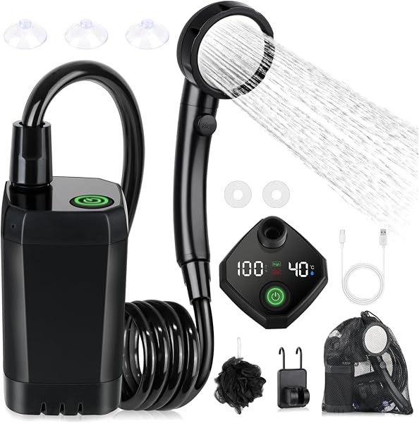 Spopal Kit Douche de Camping, Douche Portable,Pompe de Douche Électrique Rechargeable,Imperméable, avec Afficheur Intelligent et Pomme de Douche 4 Modes pour Extérieure,Camping,Randonnée - 1