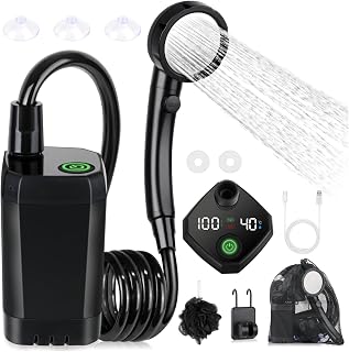 Spopal Kit Douche de Camping, Douche Portable,Pompe de Douche Électrique Rechargeable,Imperméable, avec Afficheur Intelligent et Pomme de Douche 4 Modes pour Extérieure,Camping,Randonnée