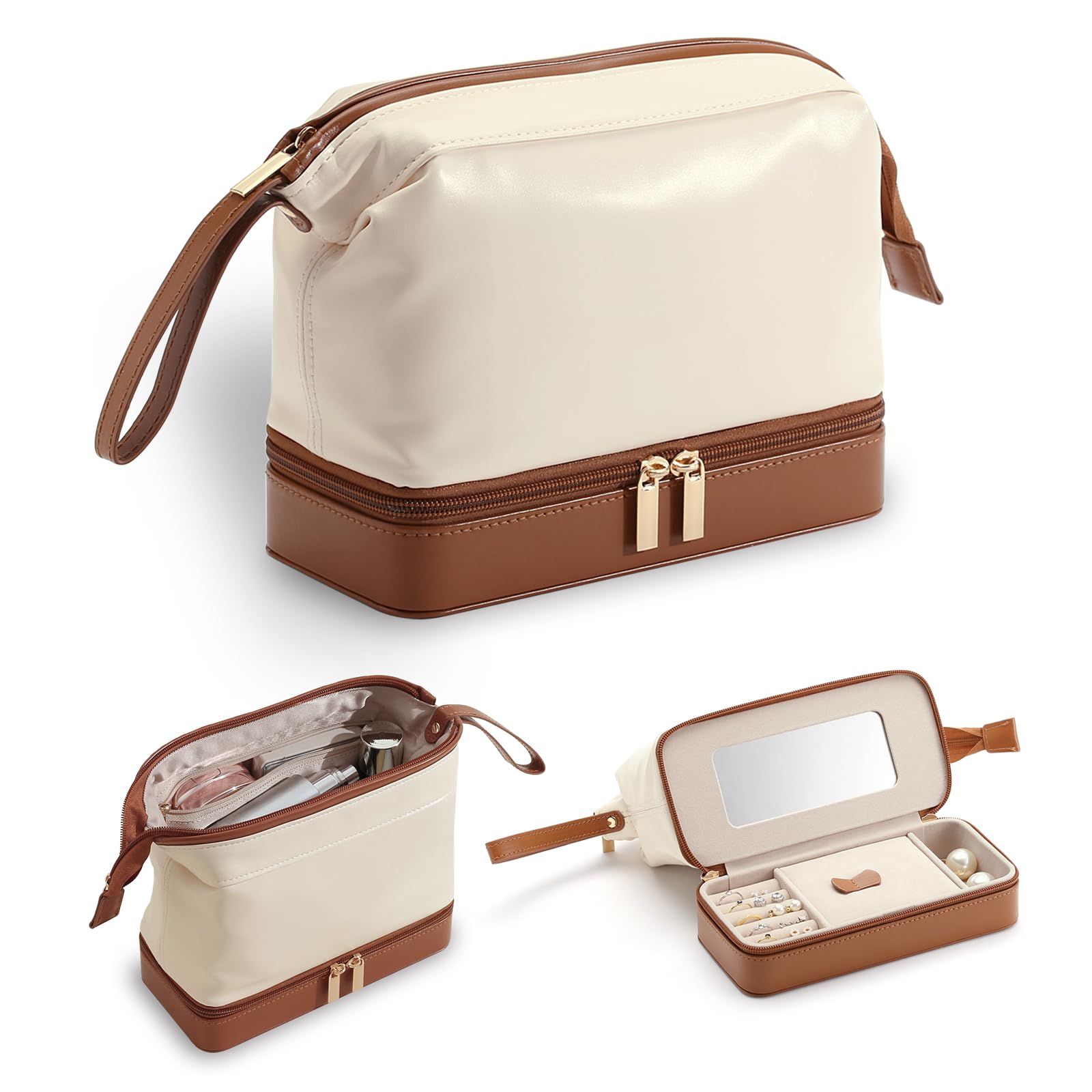 2-In-1 Jewelry Box and Makeup Bag with Mirror - Versatile Travel Jewelry Holder Organizer Cosmetic Bag, Portable Toiletry Bag with Integrated Jewelry Makeup Case for Women Men (White & Brown)
