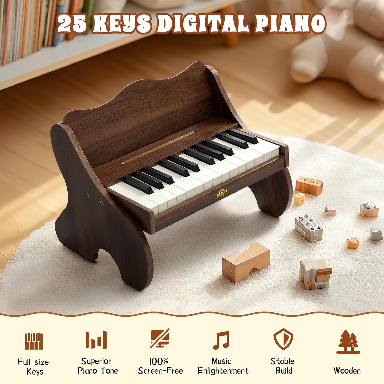 AiJoy Kids Piano Keyboard, 25 Keys Digital Piano for Toddlers Kids, Mini Music Educational Instrument Toy, Wood Gift for Children Girls Boys, Volume Adjustable