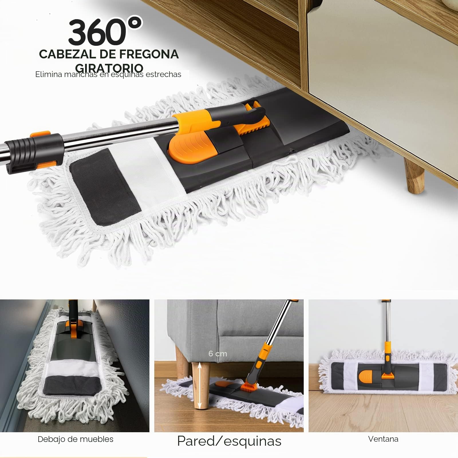 Myiosus Fregona Plana, Grande Mopa y Mango Telescópico de Acero Inoxidable de 126 cm, 2 Almohadillas de Microfibra para Madera Dura, baldosas, Limpieza de Pisos laminados Seco y en Húmedo