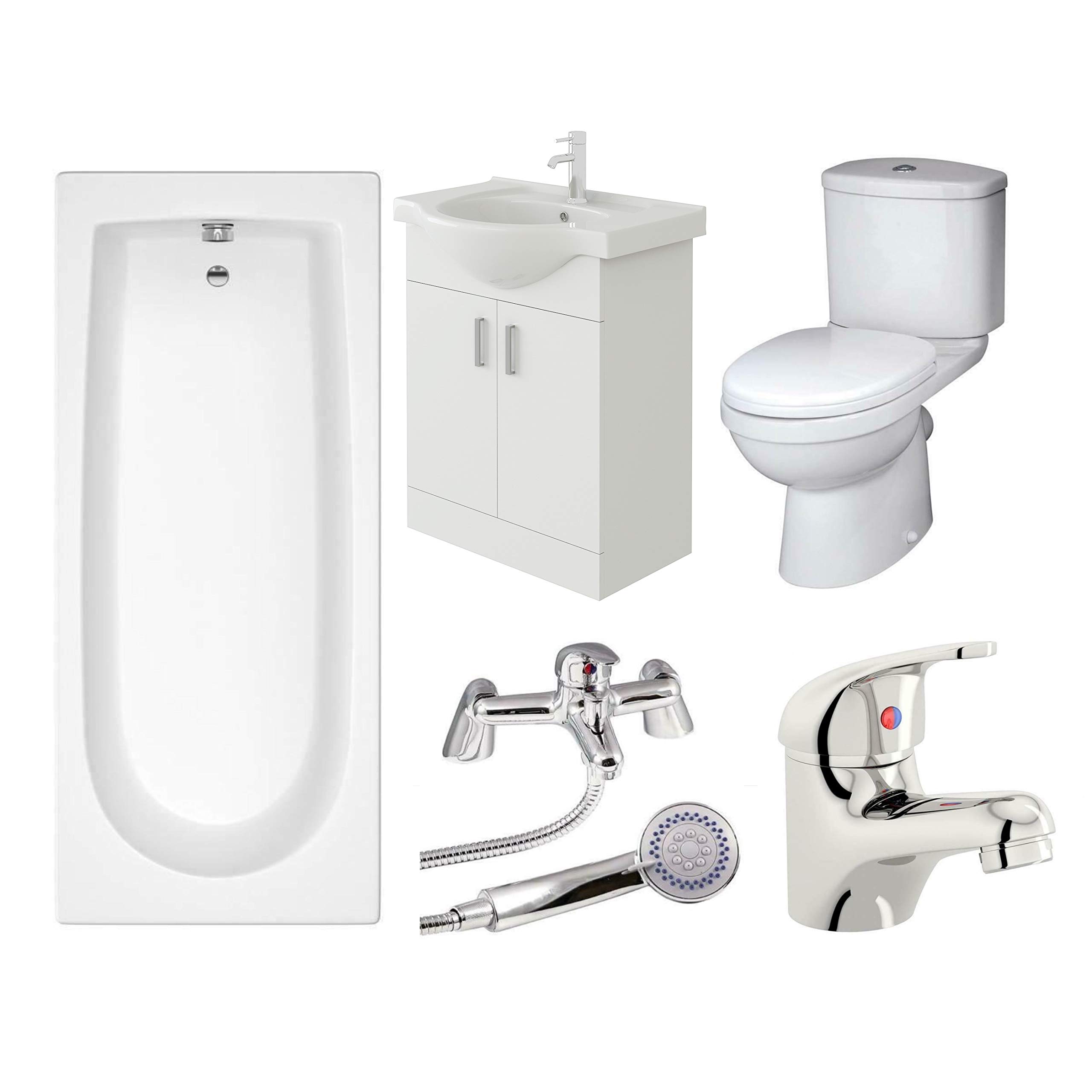 Veebath White Rosina 1500Mm Bath, Modern Toilet, Vanity Sink Unit, Shower & Basin Mixer Taps High Gloss Bathroom Suite