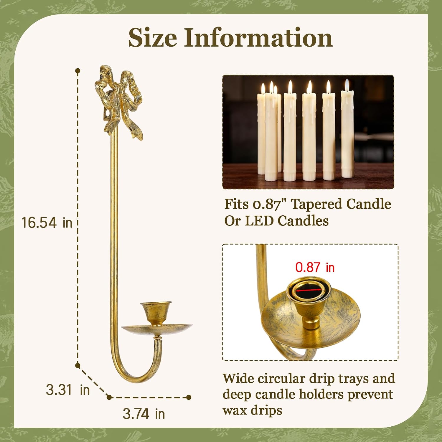 Gold Wall Taper Candle Holders Set of 2 with Bow, Metal Wall Candle Sconces