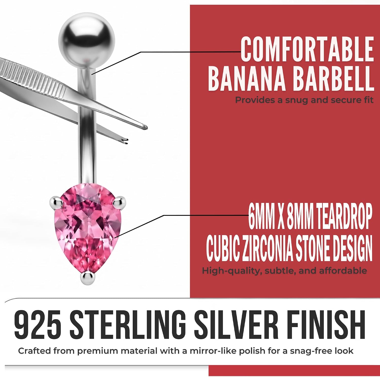 6mm x 8mm Teardrop Cz Stone Design Sterling Silver with Stainless Steel Belly Piercing Ring Body Jewelry