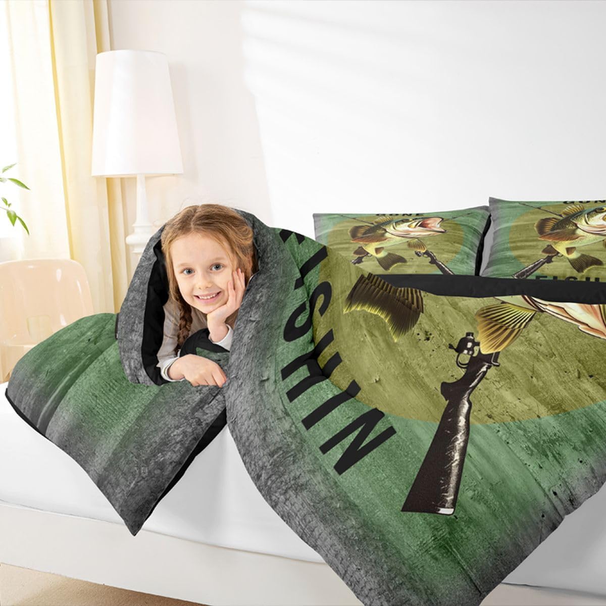 Feelyou Big Pike Fish Comforter Set Hunting and Fishing Pattern Bedding Set for Kids Boys Children Green Vintage Wooden Print Comforter Soft Decor Underwater Animals Theme Quilt Set Queen Size