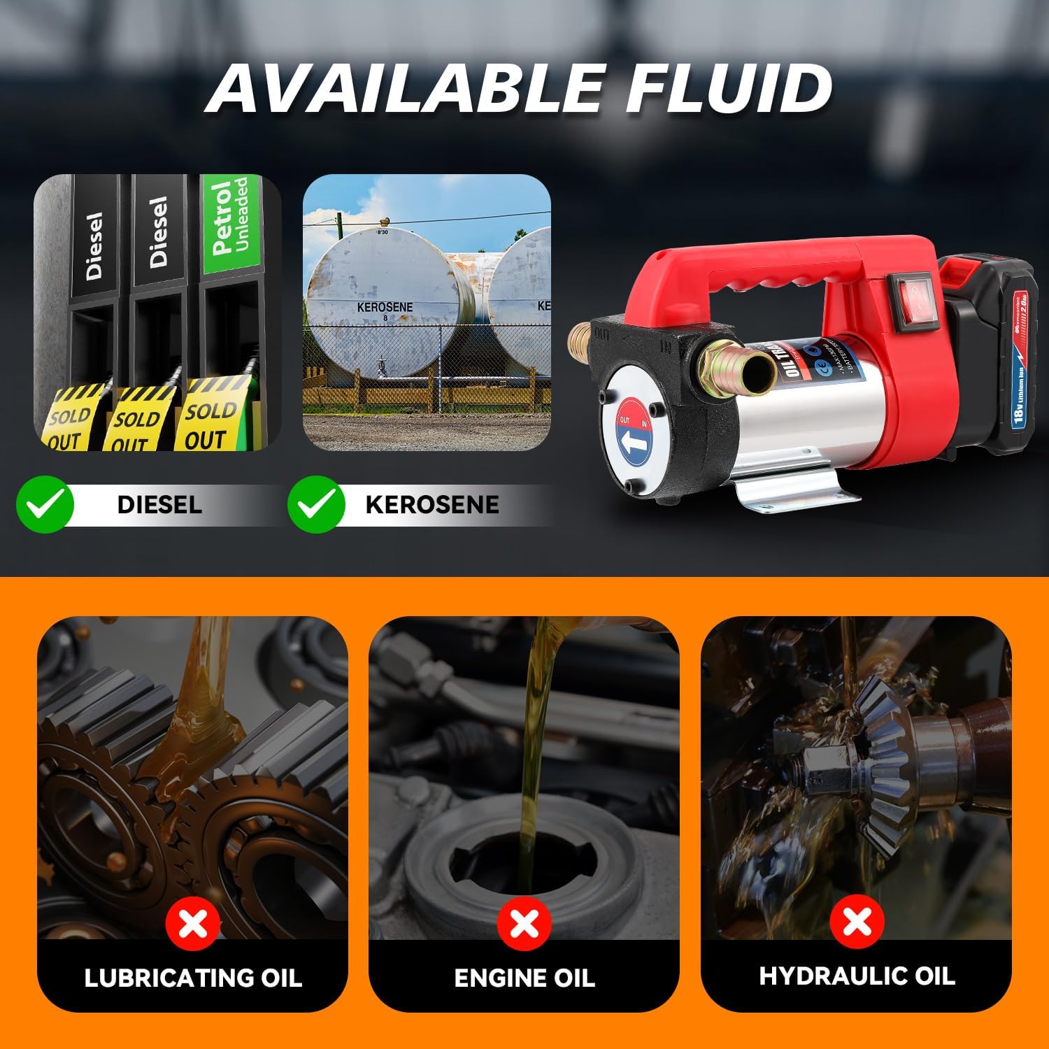Diagram showing suitable fluids (diesel, kerosene) and unsuitable fluids (lubricating oil, engine oil, hydraulic oil) for the pump
