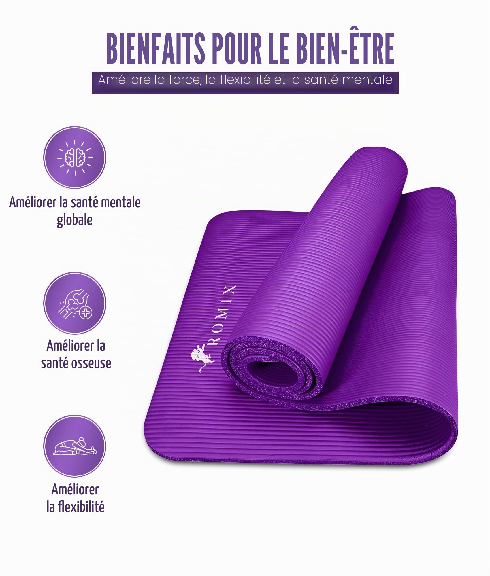 ROMIX Tapis de Yoga Épais 15 mm Antidérapant, Tapis de Sport 183 x 61 cm avec Sac de Transport et Sangle, Tapis de Sol pour Yoga Pilates Fitness Entraînement Maison Gym et Voyage