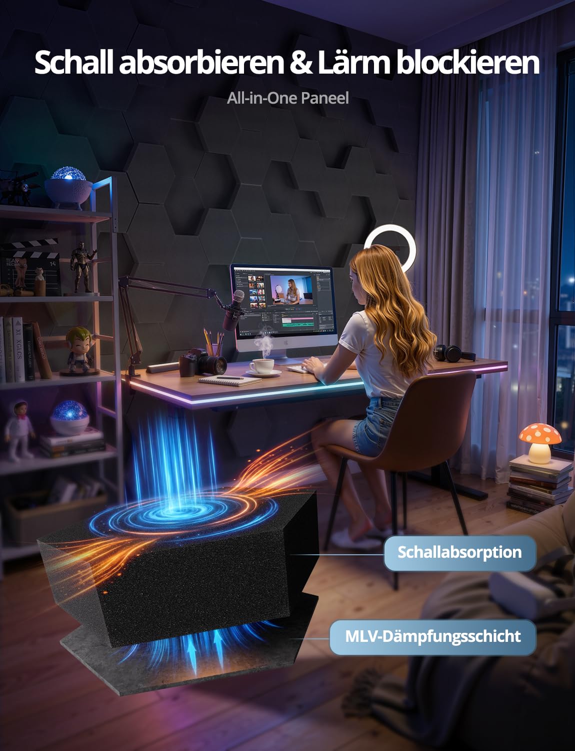Kuchoow Schalldämmung Akustikschaumstoff Hexagon Schallschutzplatten für Studio Wand, 12 Stück 4cm & 7cm Dicke Akustik Schaumstoff, Schallabsorber für Gaming, Zimmer, Wall, Tür & Decke (Schwarz)