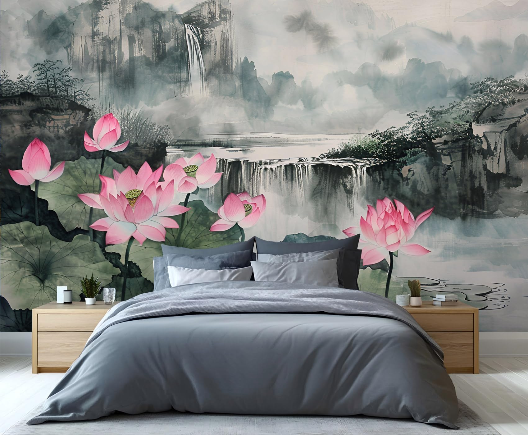 Lotus Wall Mural, Pink Floral Mural Wallpaper, Natural Landscape Wall Wallpaper for Living Room Bedroom Decor Murals 55" W x 28" H - (Not Peel Stick)