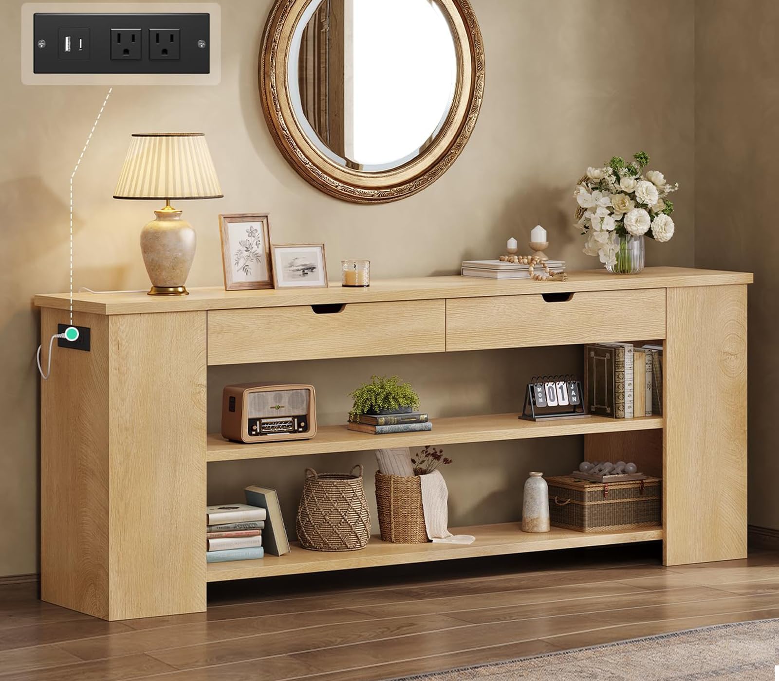71.8 Inch Extra Long Console Table with Drawers, Farmhouse Long Console Table with Shelves & Built-in Outlets, Entryway Table with Storage for Living Room, Entryway, Natural