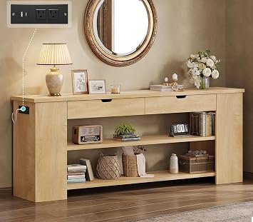 71.8 Inch Extra Long Console Table with Drawers, Farmhouse Long Console Table with Shelves & Built-in Outlets, Entryway Table with Storage for Living Room, Entryway, Natural
