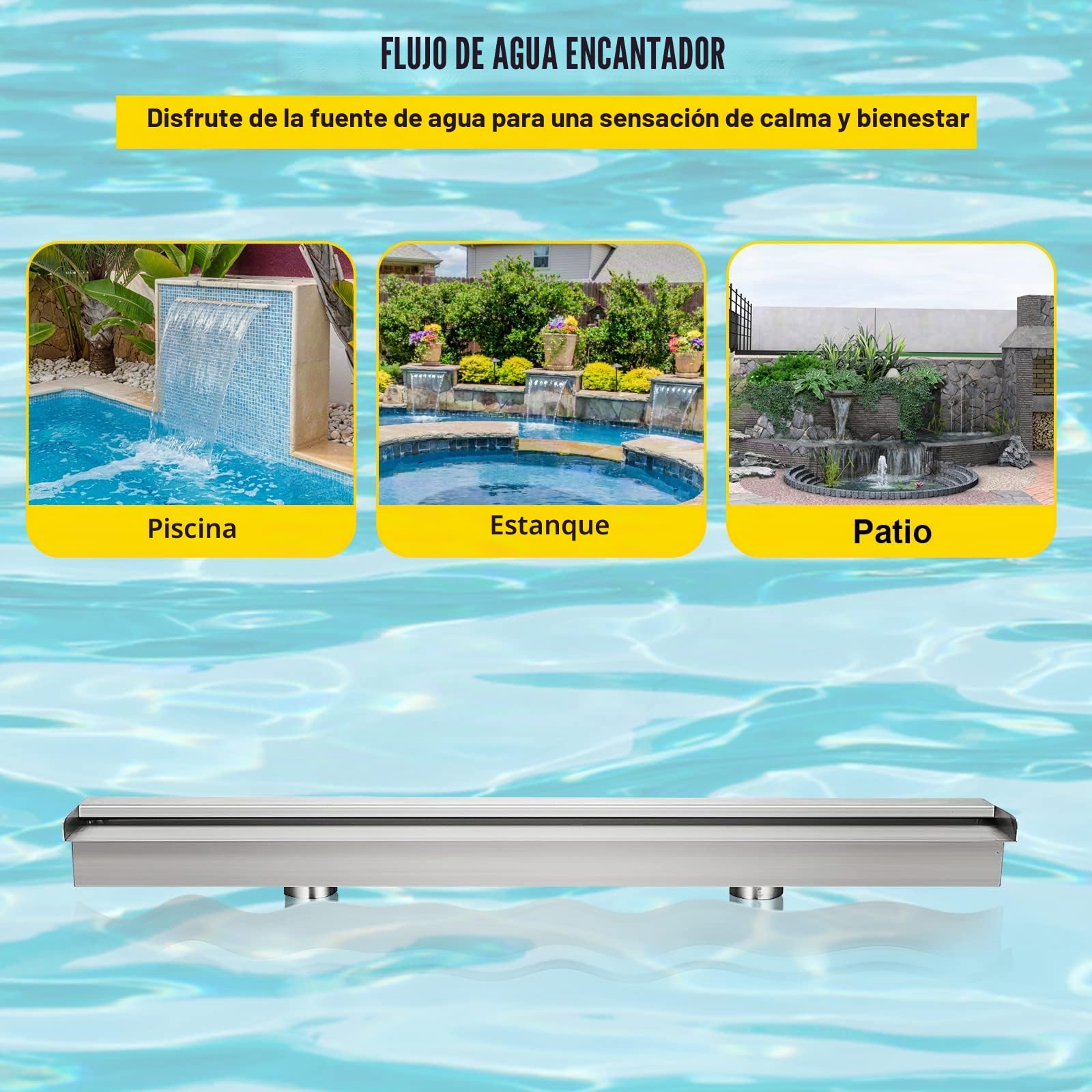 VEVOR Cascada de Agua de Acero Inoxidable 150 x 11.4 x 7.8 CM Fuente de Cascada Cascada Agua Acero Inoxidable Fuente Rectangular para Piscina