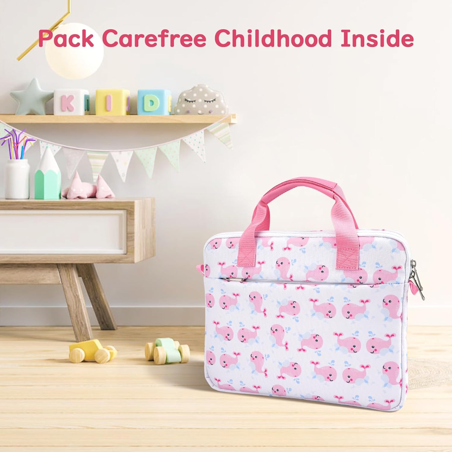 Dadanism Tablet Bag for Kids, 12.5 Inch Portable Tablet Sleeve Carrying Case with Handle & Shoulder Strap, Fits All-new Fire HD 10 Kids (Pro) 13th/11th Gen 2023/2021, Pink Whale - Image 8