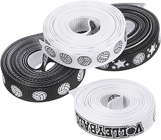 4ロール バレーボール柄ポリエステルサテンリボン巻 耐久性 洗濯可 スポーツチーム装飾 ラッピング用 パーティー飾り付け トーナメ