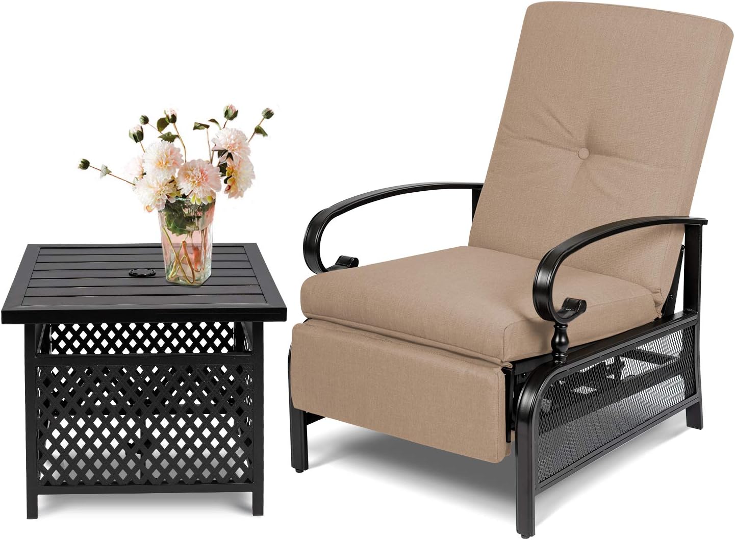 Patio Adjustable Lounge Chair, Outdoor Recliner Metal Automatic Chaise Chair with Patio Umbrella Bistro Side Table Set, Brown Cushion