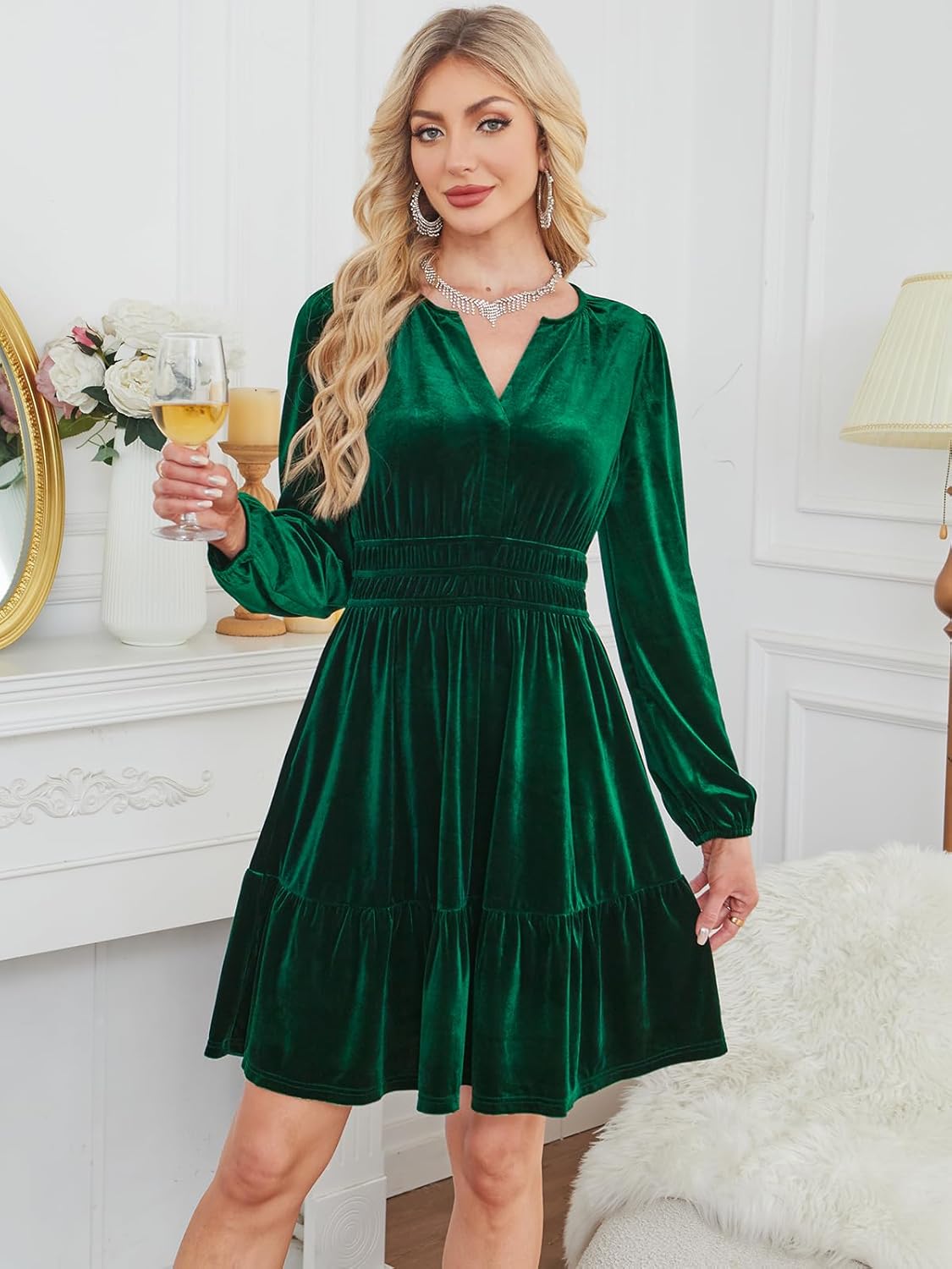 Sexyasasii Womens Velvet Dress V Neck Empire Waist Elegant Long Sleeve Cocktail Party Fall Winter Mini Dress with Pockets - Image 5