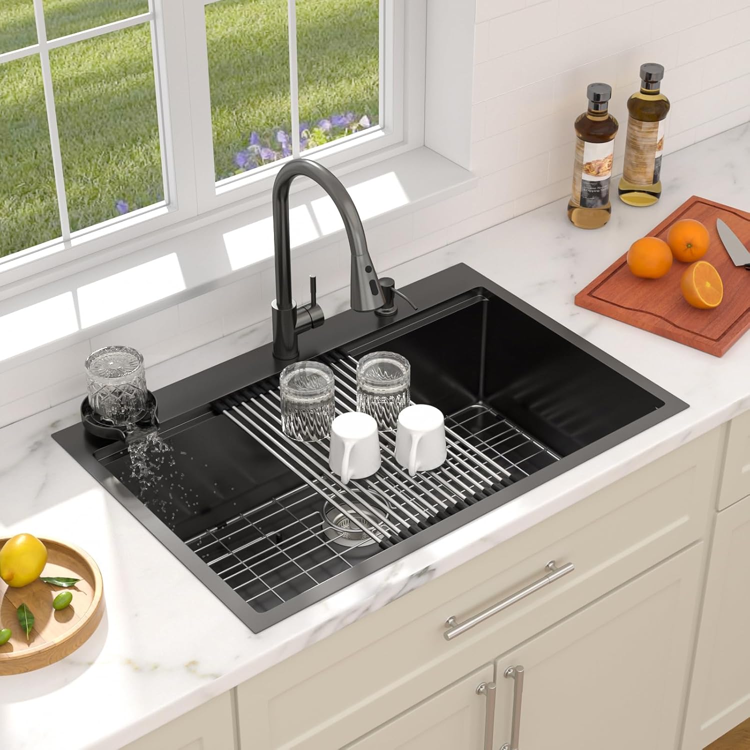 Dcolora 33 In. Black Kitchen Sink with Cup Washer, Large Single Bowl Drop In Installation, Heavy Duty 16 Gauge 304 Stainless Steel, Workstation with Valued Accessories, #DC-T2533001BWS 33"x22"x10"