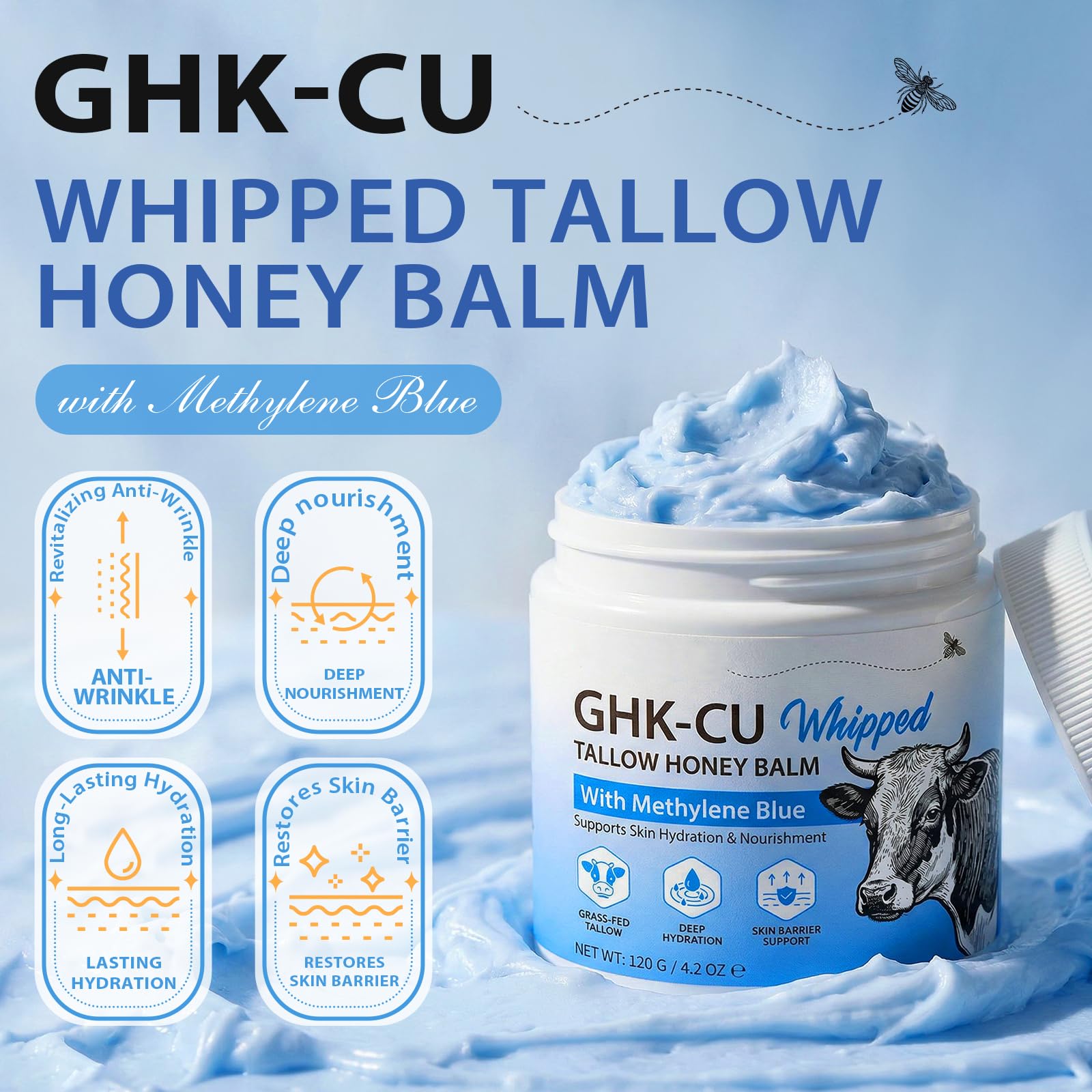 ghk-cu nachteile Kupfer Peptide Tallow Creme Honigbalsam für die Hautpflege, Blaue Kupfer Peptide Gras Gefüttert Rindfleisch Talg & Manuka Honig & Vitamin E Balsam für Gesicht & Körper 120g Lebensmittel & Elite Metabolic Stack Research