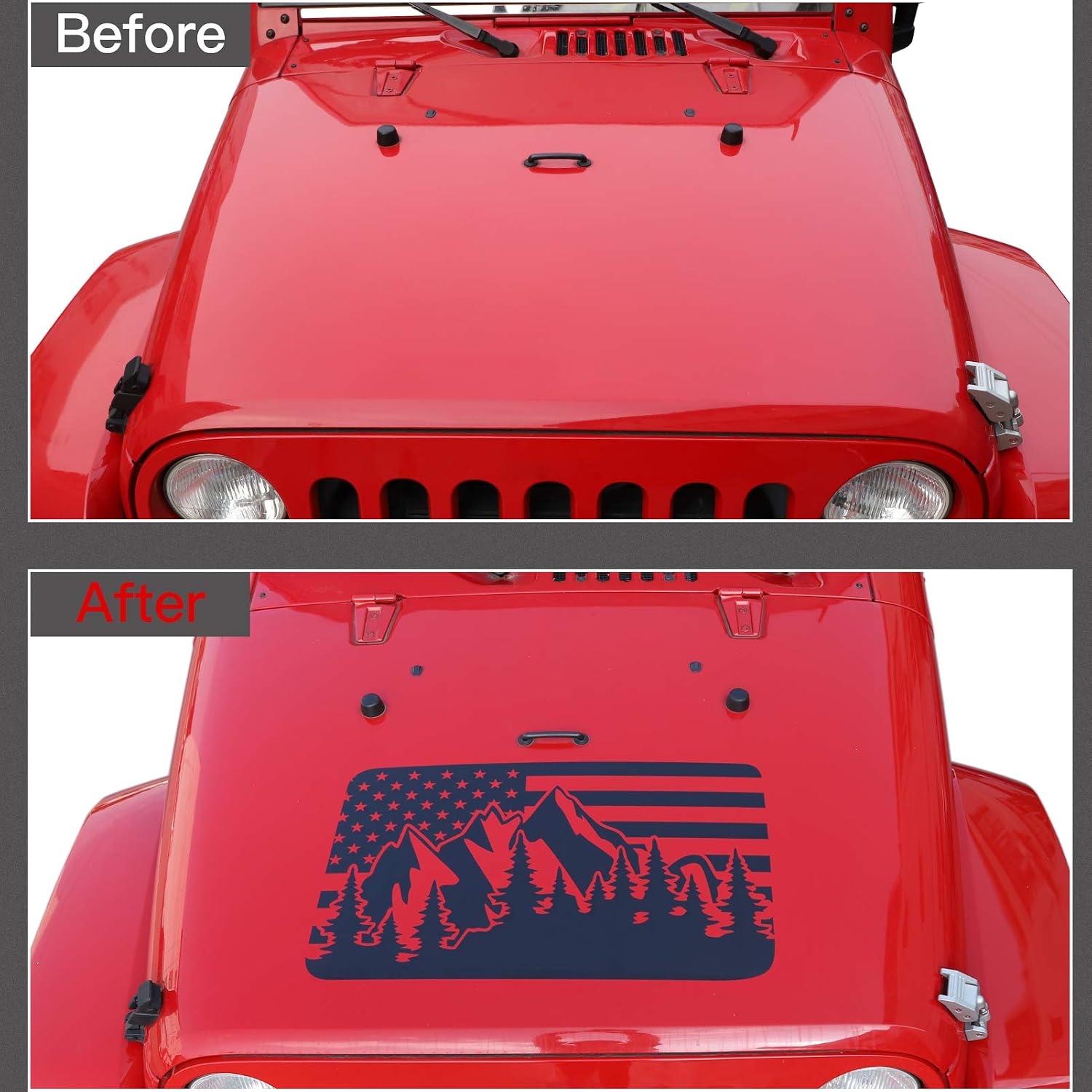 JeCar Hood Decal American Flag Outdoor Mountain Scene Vinyl Sticker for 1997-2021 Jeep Wrangler TJ JK JL JT