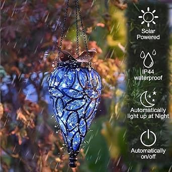 Teardrop Hanging Solar Lantern, LED Solar Light Outdoor Garden Waterproof Teardrop Light with 15 LED Lights for Garden Courtyard Yard Path Lantern Plant Decoration(Blue) [Energy Class A+]