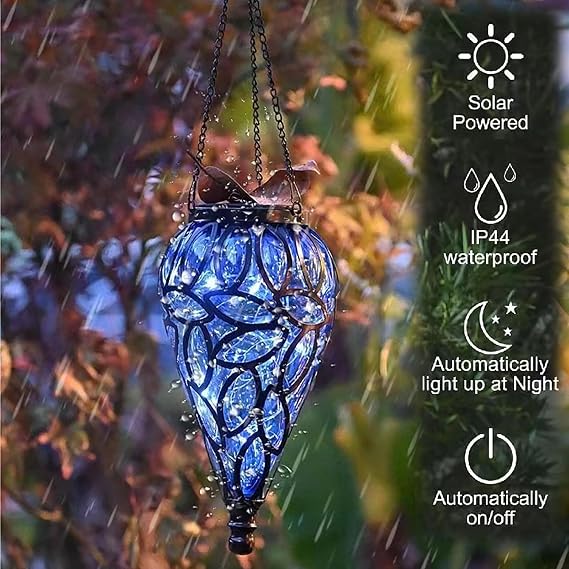Teardrop Hanging Solar Lantern, LED Solar Light Outdoor Garden Waterproof Teardrop Light with 15 LED Lights for Garden Courtyard Yard Path Lantern Plant Decoration(Blue) [Energy Class A+]