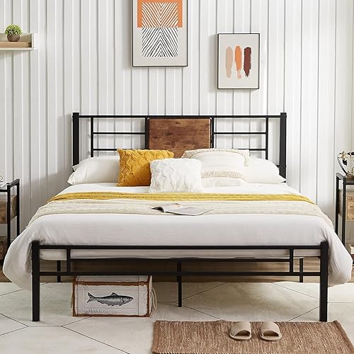 VECELO Base de cama de tamaño matrimonial con cabecero, plataforma resistente con soporte de listones de acero, no necesita somier, fácil montaje,