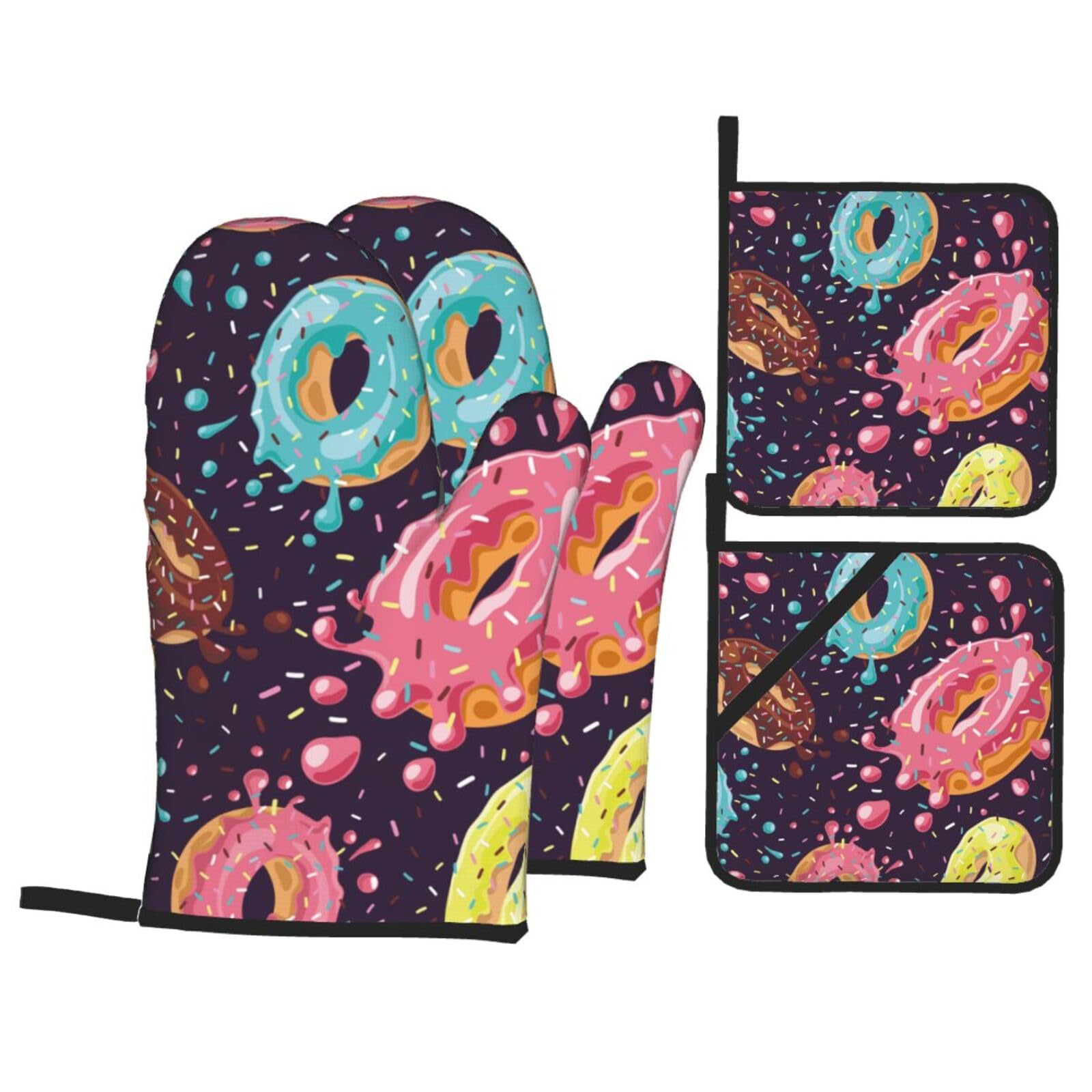 Colorful Donut Oven Mitts and Pot Holders Sets - Cute Doughnut Kitchen Mitts Potholders 4 Pack Heat Resistant Vibrant Festival Oven Gloves Hot Pads for Kitchen Baking Grilling Party