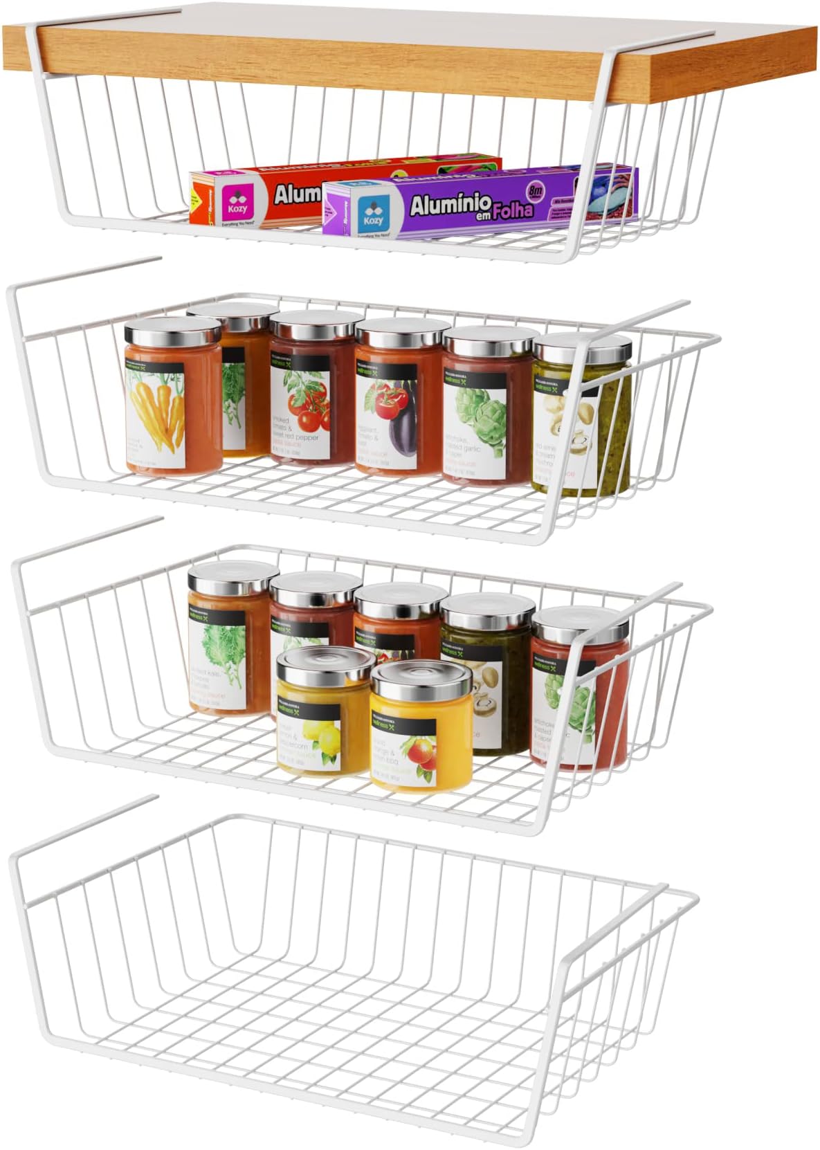 Veckle Undershelf Storage Basket, 4 Pack Under Shelf Basket Add Storage Space Metal Under Cabinet Organizer with Coated for Kitchen Pantry Cabinet Shelves, White