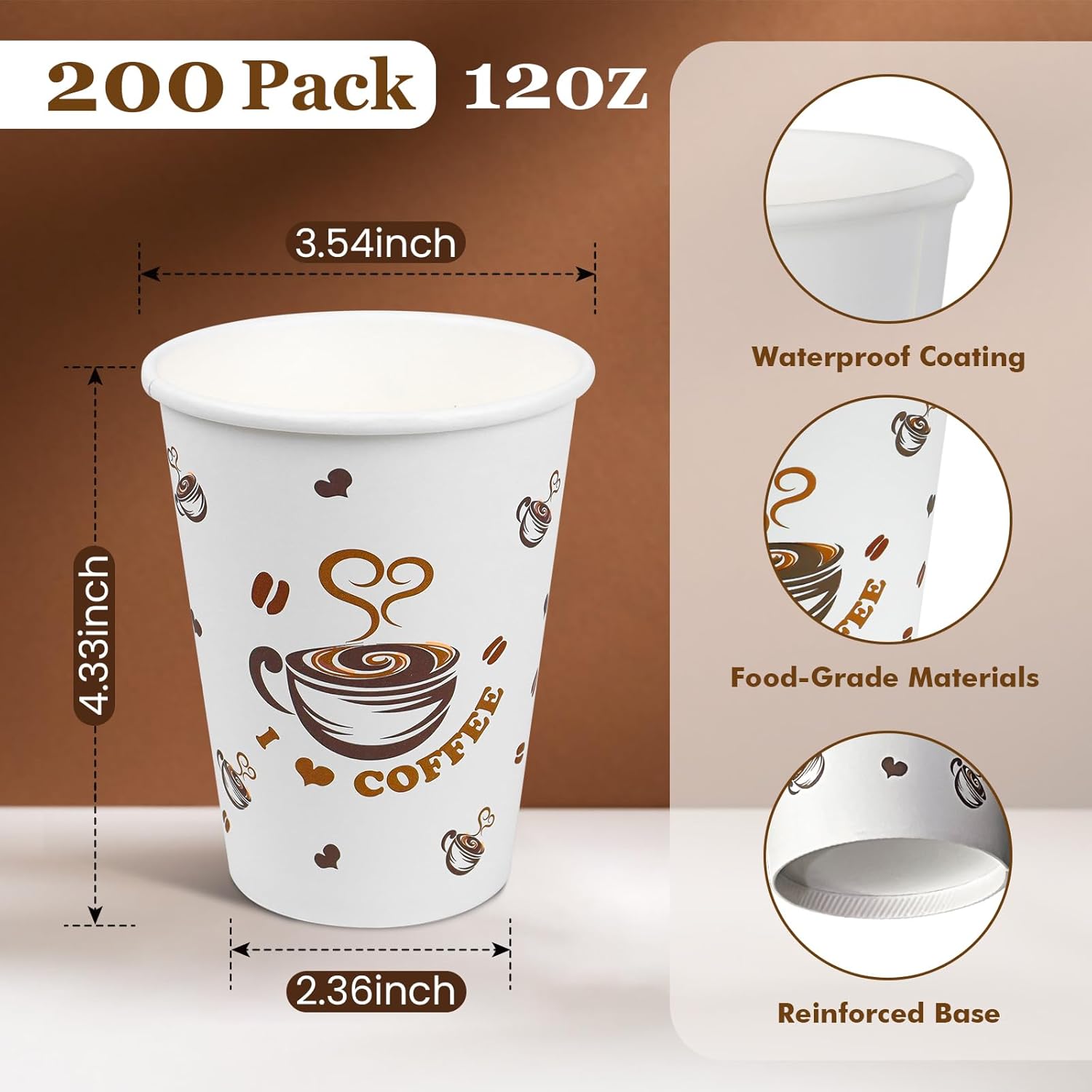 Ginkgo 200 Count Paper Cups 12 oz, Disposable Thickened Hot Beverage Drinking Cups, 12 oz Coffee Cups for Water, Juice and Tea - Image 2