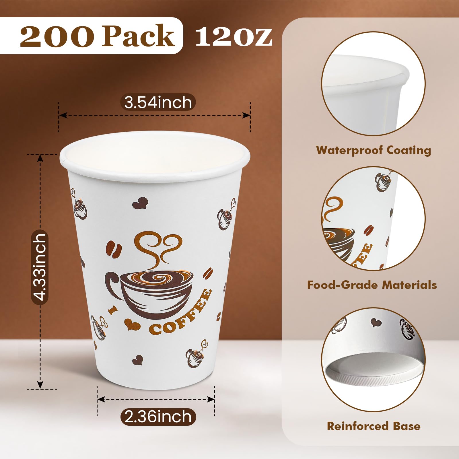 Ginkgo 200 bicchieri da caffè usa e getta da 340 ml, bicchieri di carta ispessiti a prova di perdite, perfetti per bevande calde/fredde, bar, feste, casa, ufficio e uso quotidiano