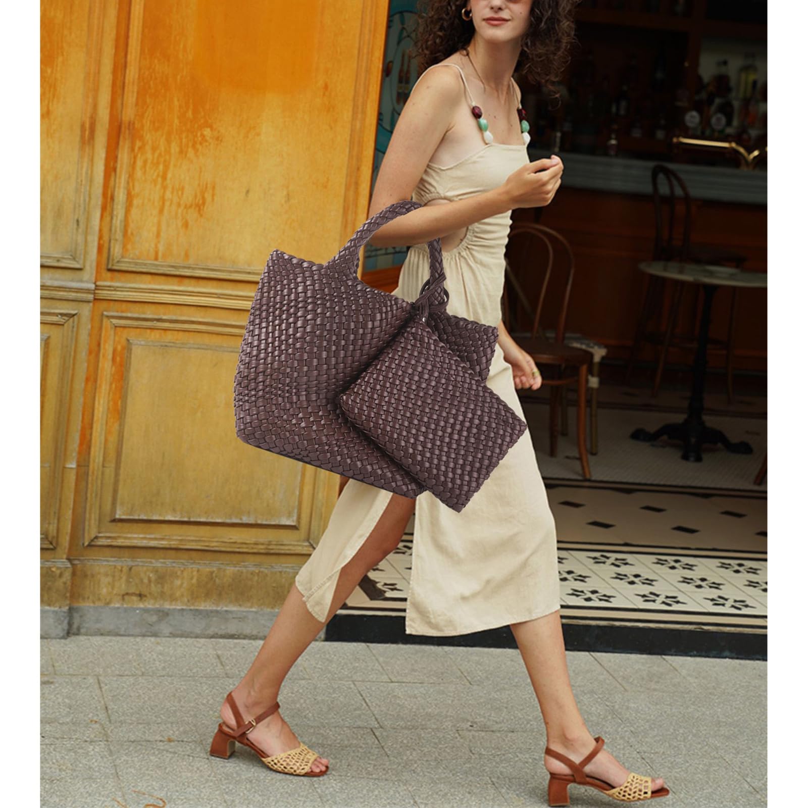 JINMANXUE Fashion Woven Bag Shopper Bag Travel Handbags and Purses Women Tote Bag Large Capacity Shoulder Bags (Coffee)