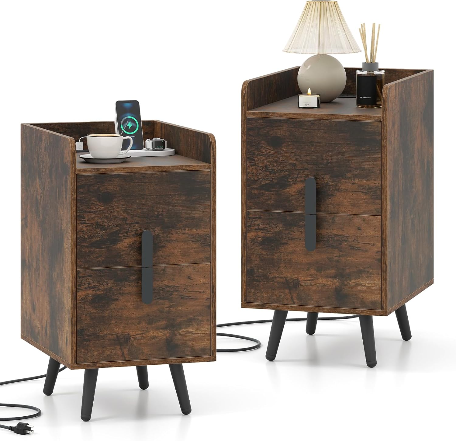 GOFLAME Nightstand with Charging Station, Narrow Bedside Table with 2 Storage Drawers, Metal Knobs & Legs, Wooden, Modern Sofa Side End Table, Compact Night Stand for Bedroom (Rustic Brown & Black,2)