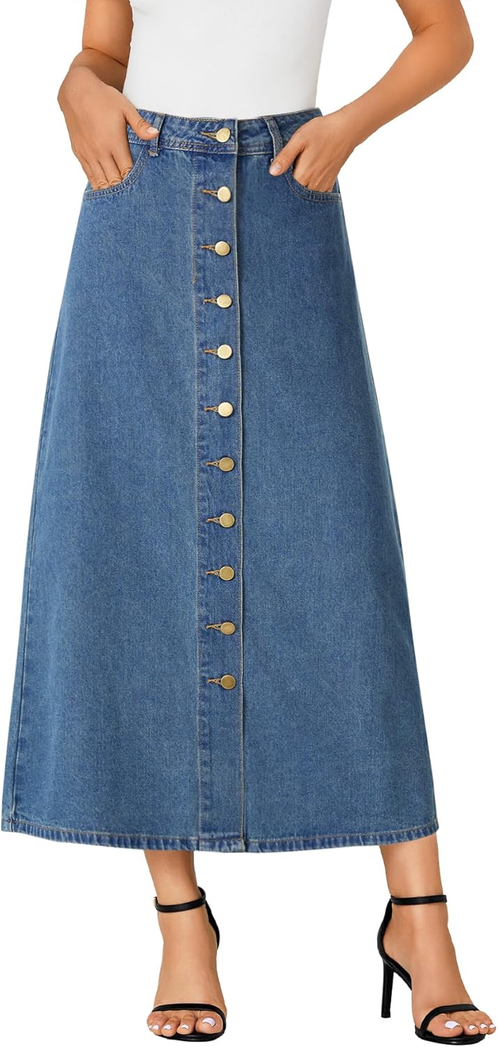 Vrtige Women's Casual Button Down High Waisted A Line Jean Midi Long Denim Skirt with Pockets - Image 2