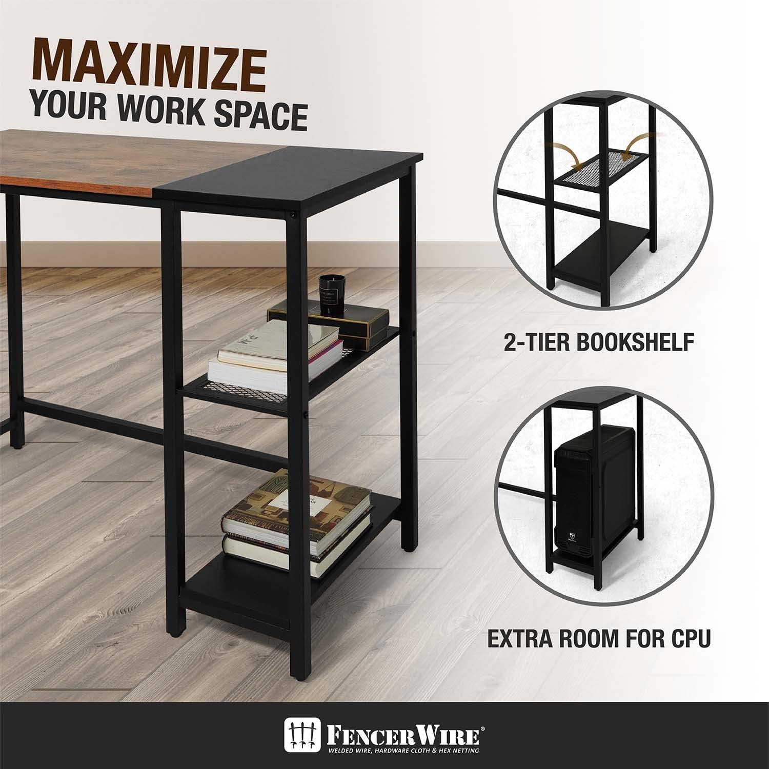 Fencer Wire 40 Inch Home Office Computer Desk with 2-Tier Storage Shelves, Study Writing Desk, Simple Industrial Modern PC Workstation with Splice Board, Rustic Oak, Wooden Table and Metal Frame