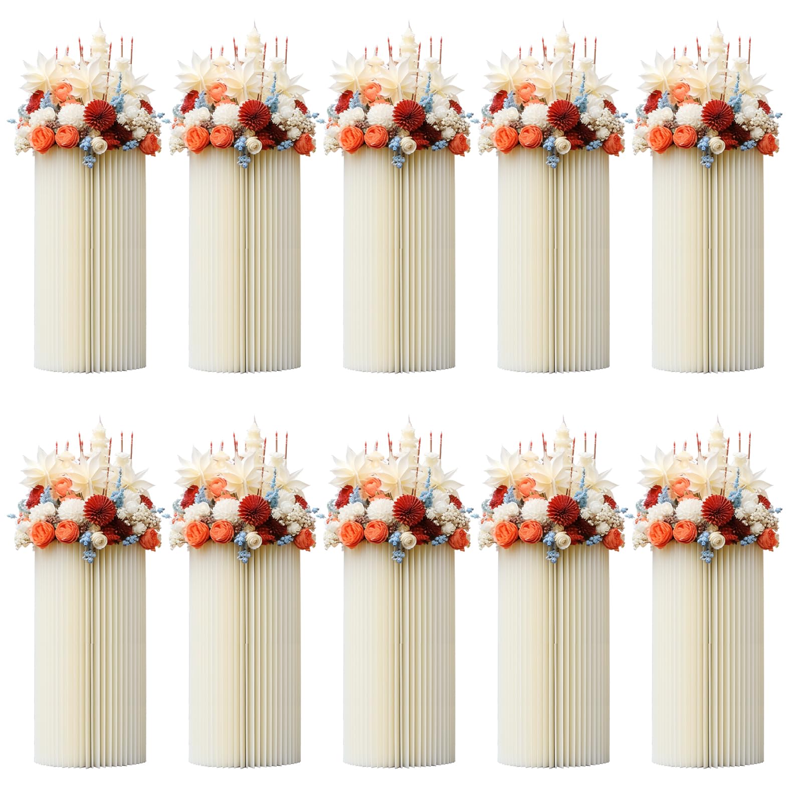 10 PCS Cylinder Pedestal Stands, 23.62" Wedding Centerpieces Cardboard Vases, Cream White Cylinder Stands for Party, Round Foldable Paper Flower Stands for Engagement, Birthday Party Decorations