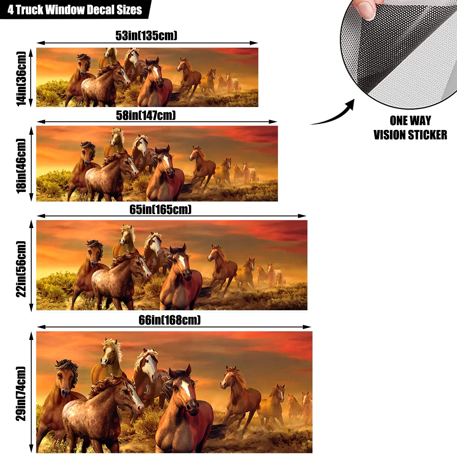 Adesivo per finestrino posteriore per camion, adesivo per finestrino posteriore, motivo: cavallo di destriero, perforato, universale, per camioncini, SUV, graffi nascosti, 167,6 x 73,7 cm