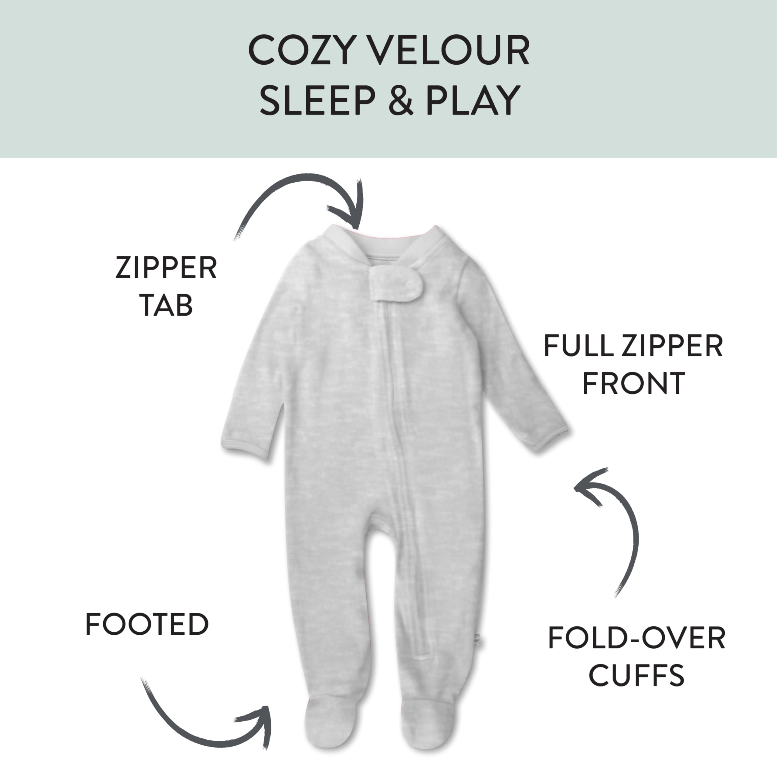 HonestBaby Baby Velour Sleep & Play Footed One-Piece Pajama Sleeper 100% Organic Cotton, Light Gray Heather, 6-9 Months
