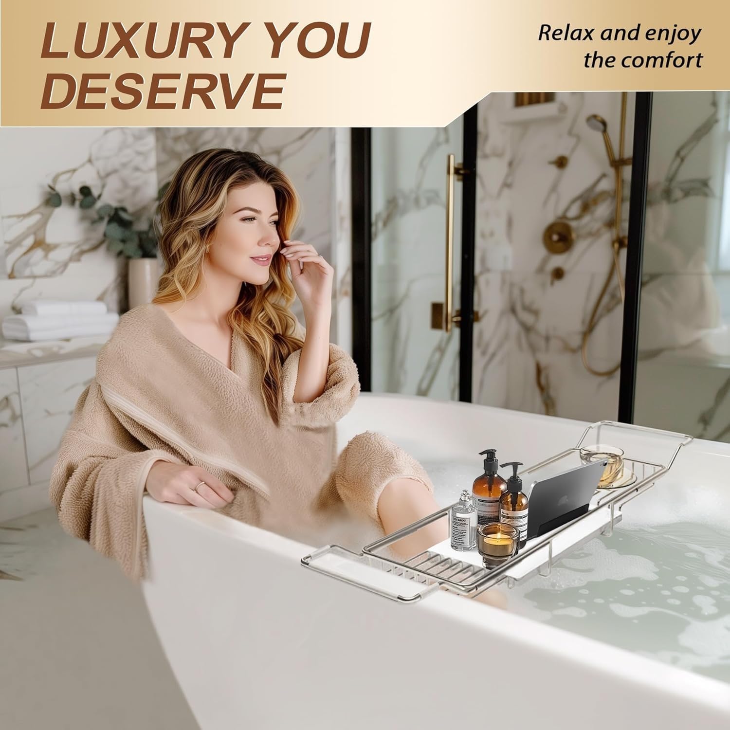 Bandeja de Bañera Extensible de Acero Inoxidable Dorado con Mármol Blanco | Estante Ajustable, Soporte Telescópico Multifuncional Organizador Antióxido(Silver+White)