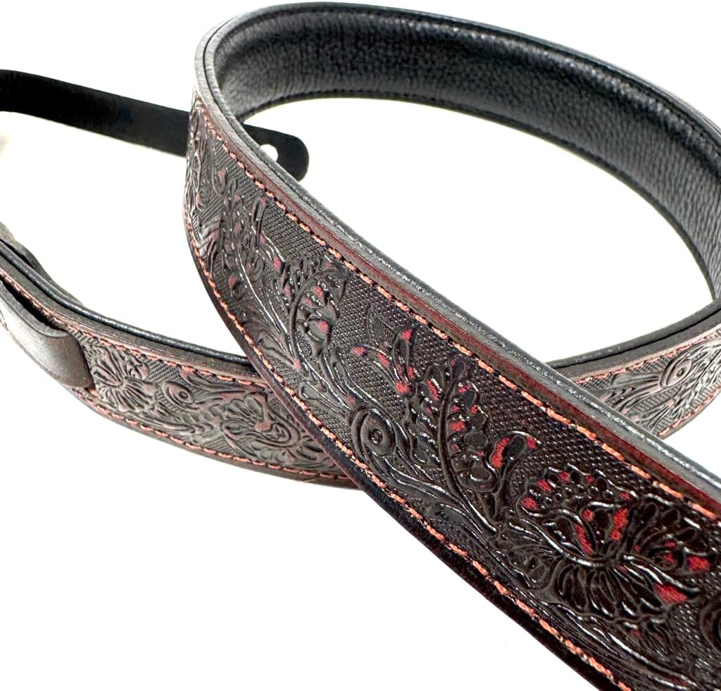Walker And Williams M-21-RD Mahogany Red Leather Premium Padded Mandolin Strap With Sheridan Design, For Mandola, Bouzouki or Ukulele. For F And A Type Mandolins