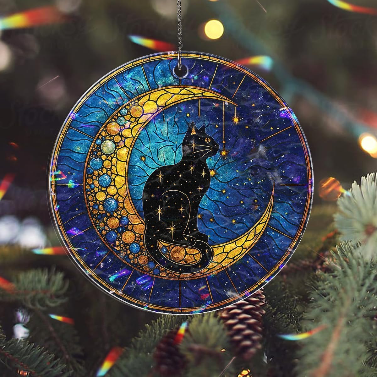 Black Cat Ornament Stained Glass with Santa Hat Christmas Window Hanging Decoration Feline Art Unique Idea| Gift for Pet Lovers (Black Cat Moon) - Image 9