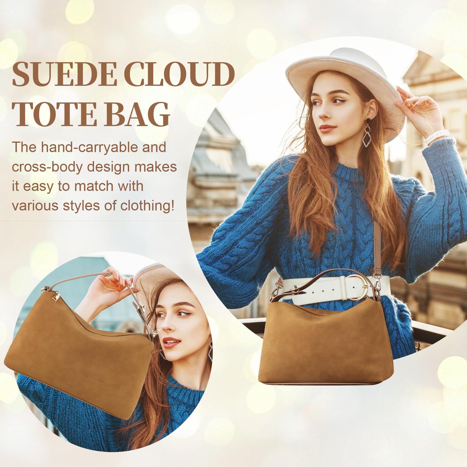 Leather Suede Tote Bags for Women, Brown Suede Purse Handbag Retro Top Handle Bag with Adjustable Strap, Hobo Crossbody Bag Crescent Satchels Shoulder Bag (Brown)