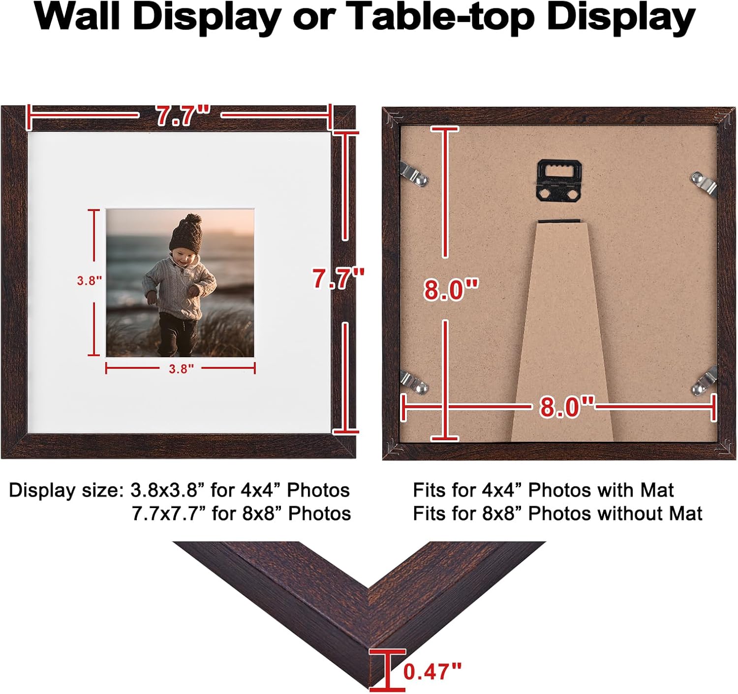 KINLINK 8x8 Picture Frame Brown Set of 4, Wooden Square Photo Frames Matted 4x4 with Plexiglass for 4x4 with Mat or 8x8 without Mat for Table and Wall Display