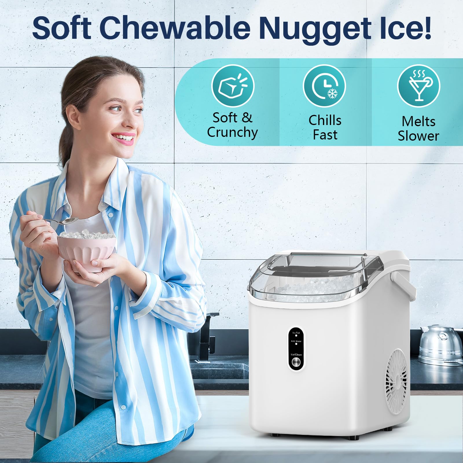 FREE VILLAGE Nugget Ice Makers Countertop, Pebble Ice Maker Machine with Soft Chewable Ice, 34Lbs/Day, Self-Cleaning, One-Click Operation, Pellet Ice Maker with Ice Scoop for Home Kitchen Office Bar on Fridge.com