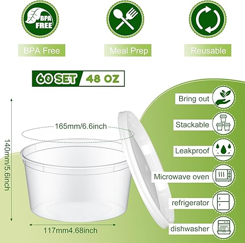 Miniatura 2 de 60 juegos de recipientes de plástico con tapas, recipientes de almacenamiento de alimentos, tazas de sopa, a prueba de fugas, microondas,