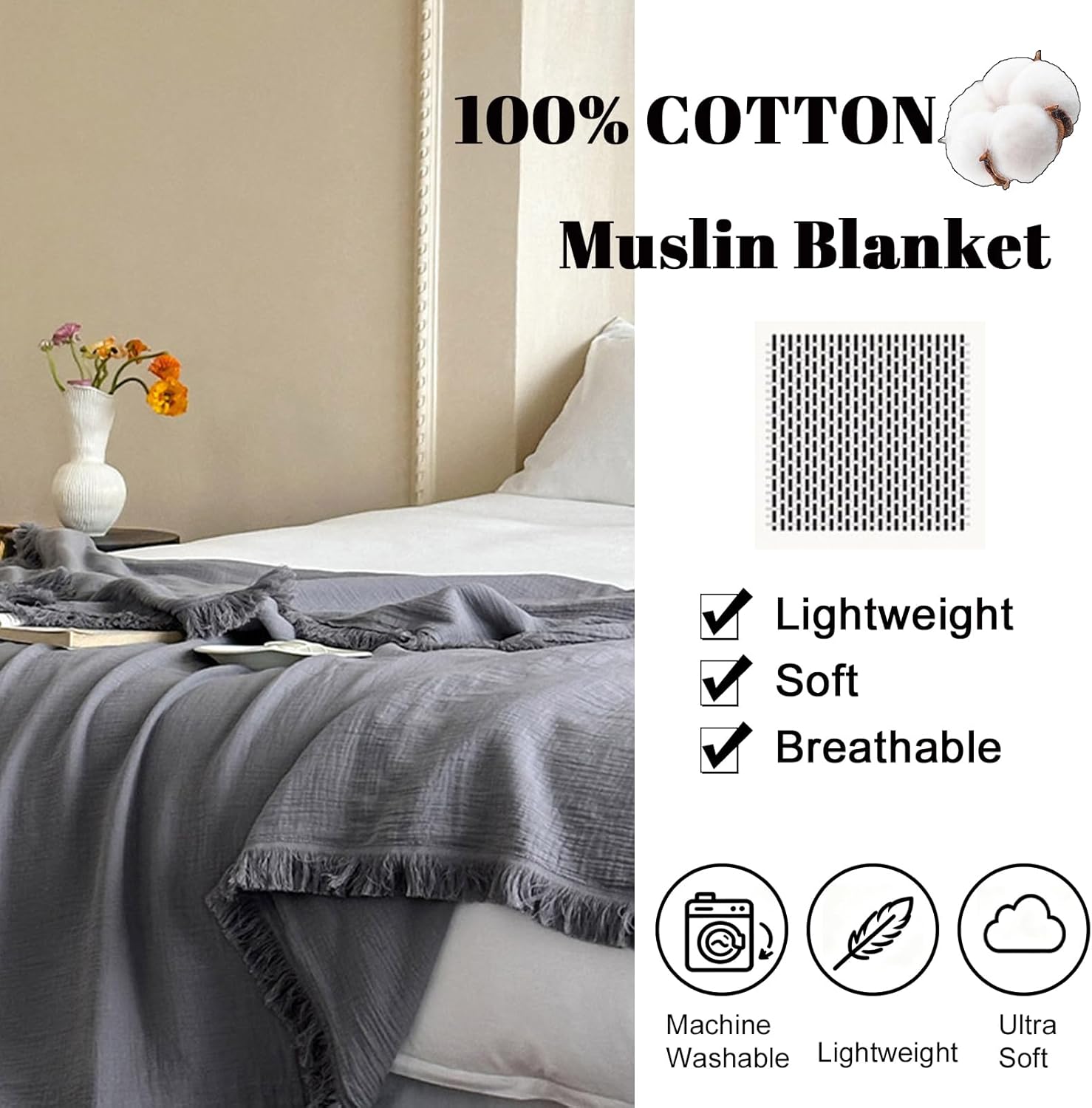 MorroMorn 100% Cotton Muslin Throw Blanket with Fringes 50"x60", 4-Layer Cotton Gauze Blankets for Adults, Boho Bedding Breathable Lightweight Ultra-Soft for Couch Bed Sofa All Seasons, Grey